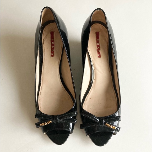 Prada Black Patent Leather Bow Logo Open Toe Wedges size EUR 38, US 7.5 - Picture 7 of 16
